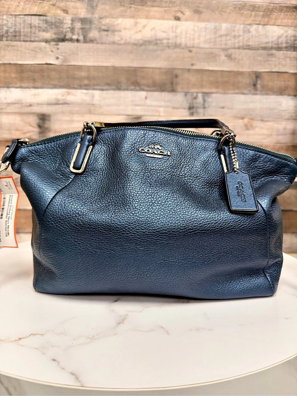 Coach Kelsey Navy Metallic Pebbled Leather Satchel OS